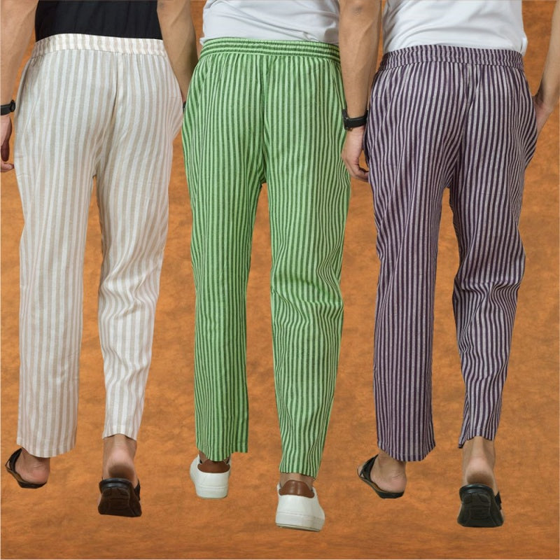 COMBO OF 3 MEN STRIPE COTTON HANDLOOM PANT PURPLE OLIVE GREEN AND BEIGE-15325