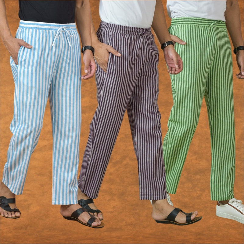 COMBO OF 3 MEN STRIPE COTTON HANDLOOM PANT PURPLE OLIVE GREEN AND SKY BLUE-15158