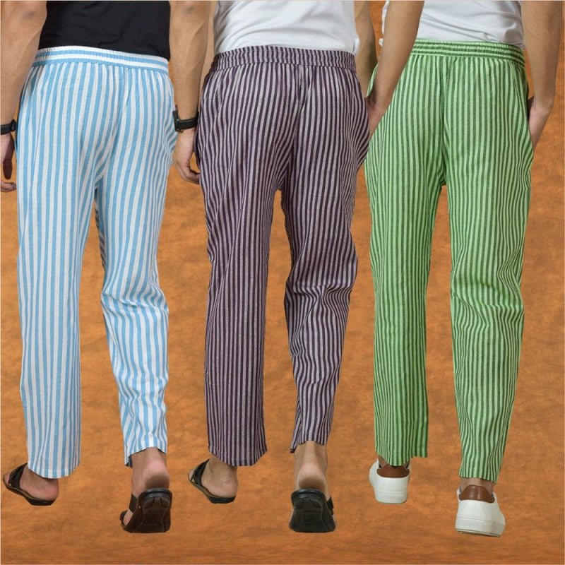 COMBO OF 3 MEN STRIPE COTTON HANDLOOM PANT PURPLE OLIVE GREEN AND SKY BLUE-15158