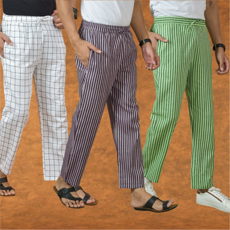 COMBO OF 3 MEN STRIPE COTTON HANDLOOM PANT PURPLE OLIVE GREEN AND WHITE-15280