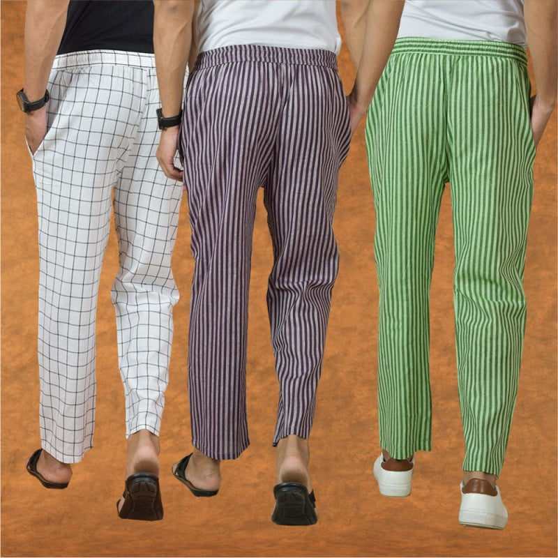 COMBO OF 3 MEN STRIPE COTTON HANDLOOM PANT PURPLE OLIVE GREEN AND WHITE-15280