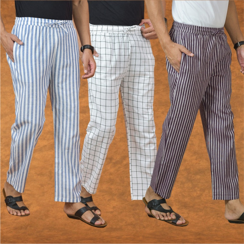 COMBO OF 3 MEN STRIPE COTTON HANDLOOM PANT PURPLE WHITE AND BLUE-15205