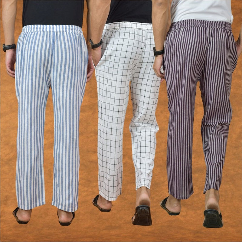 COMBO OF 3 MEN STRIPE COTTON HANDLOOM PANT PURPLE WHITE AND BLUE-15205