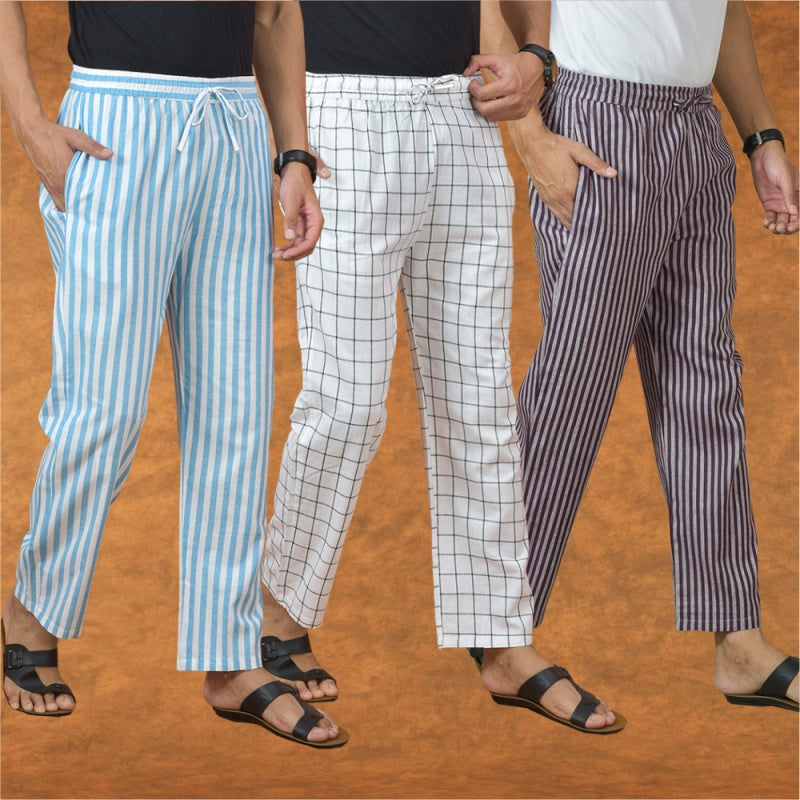 COMBO OF 3 MEN STRIPE COTTON HANDLOOM PANT PURPLE WHITE AND SKY BLUE-15139