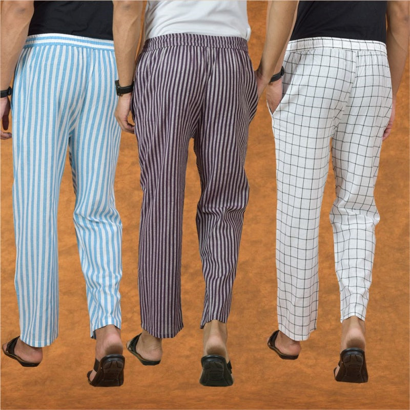 COMBO OF 3 MEN STRIPE COTTON HANDLOOM PANT PURPLE WHITE AND SKY BLUE-15139