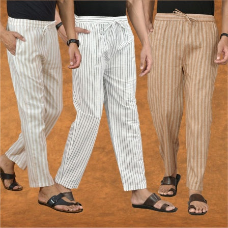 COMBO OF 3 MEN STRIPE COTTON HANDLOOM PANT WHITE BEIGE AND BEIGE-15359
