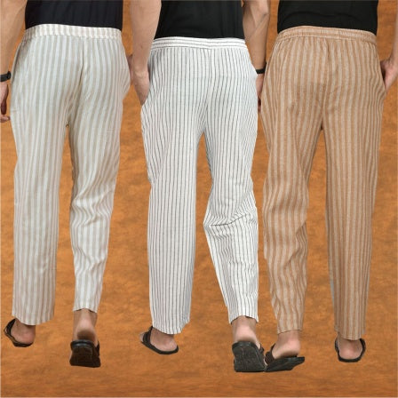 COMBO OF 3 MEN STRIPE COTTON HANDLOOM PANT WHITE BEIGE AND BEIGE-15359
