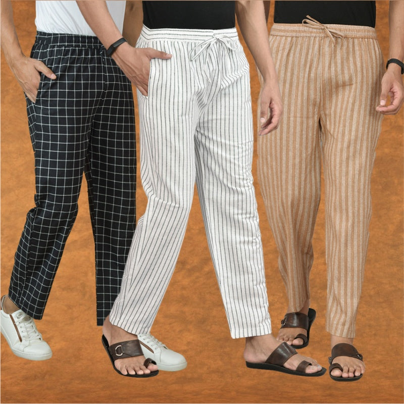 COMBO OF 3 MEN STRIPE COTTON HANDLOOM PANT WHITE BEIGE AND BLACK-15423
