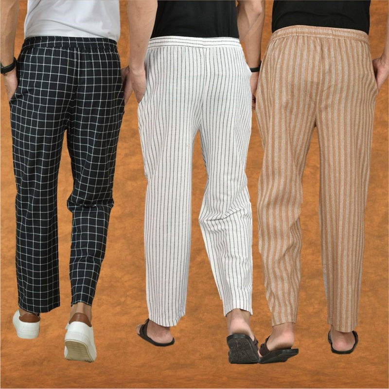 COMBO OF 3 MEN STRIPE COTTON HANDLOOM PANT WHITE BEIGE AND BLACK-15423