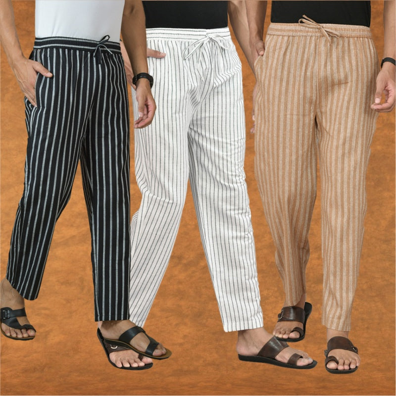 COMBO OF 3 MEN STRIPE COTTON HANDLOOM PANT WHITE BEIGE AND BLACK-15444