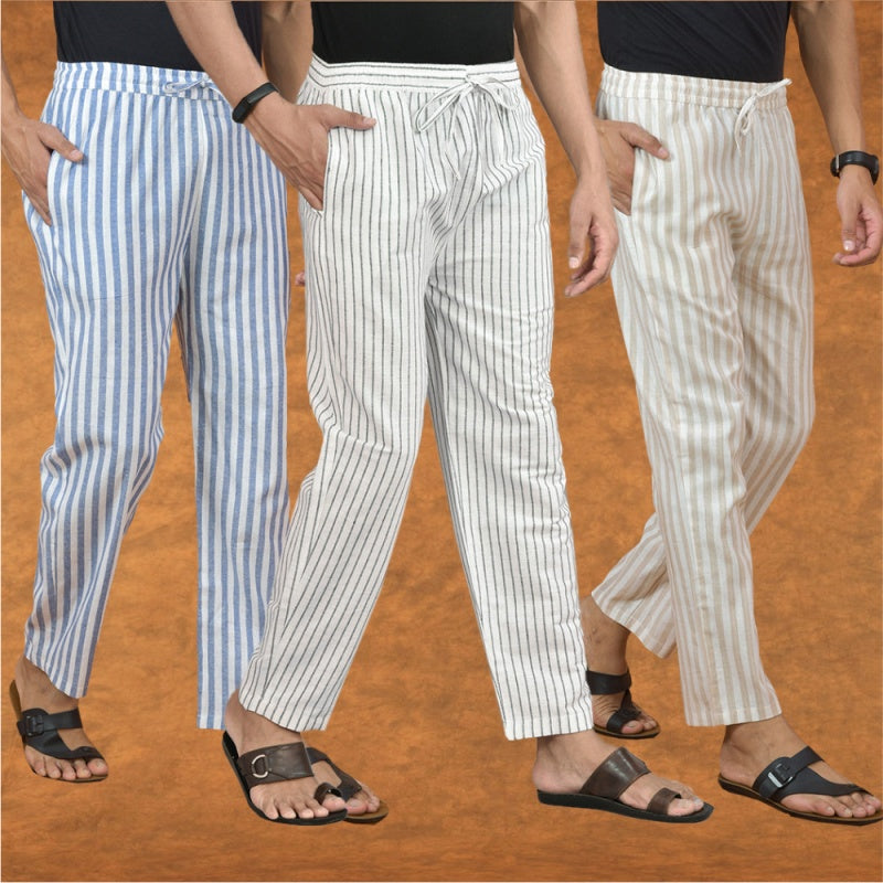 COMBO OF 3 MEN STRIPE COTTON HANDLOOM PANT WHITE BEIGE AND BLUE-15220