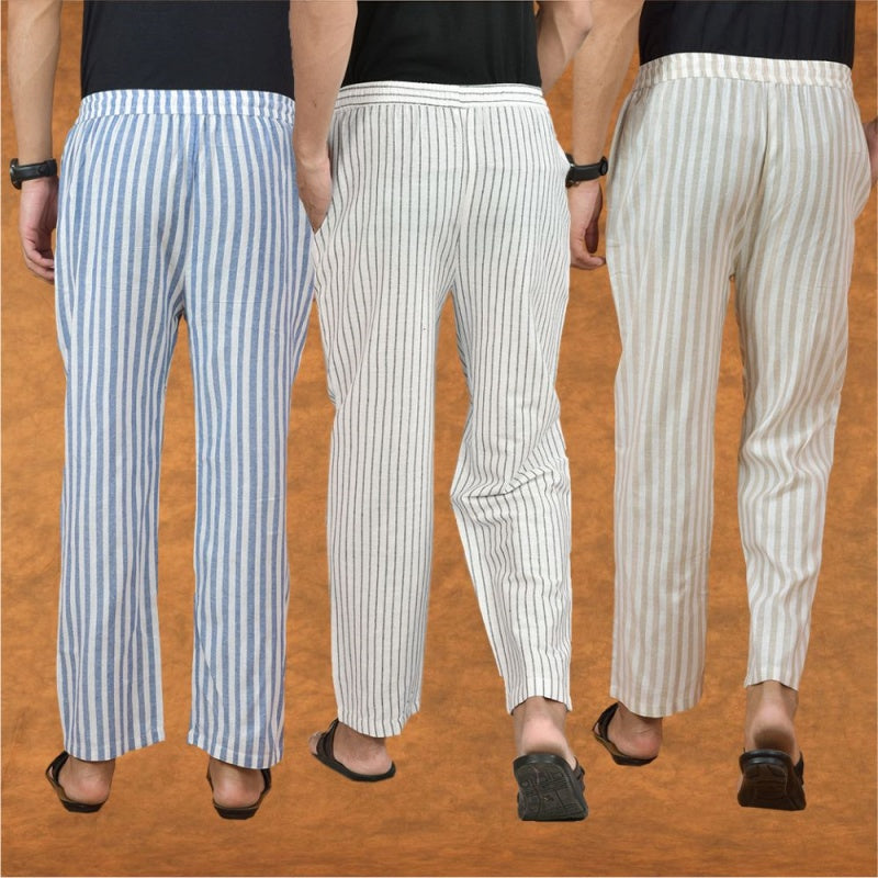 COMBO OF 3 MEN STRIPE COTTON HANDLOOM PANT WHITE BEIGE AND BLUE-15220