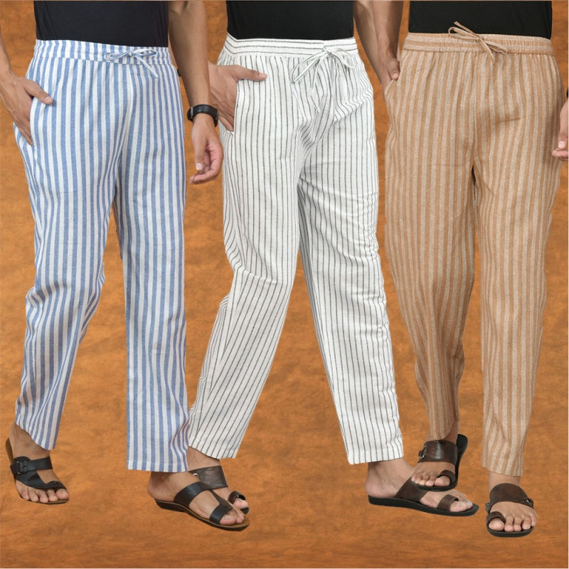 COMBO OF 3 MEN STRIPE COTTON HANDLOOM PANT WHITE BEIGE AND BLUE-15259