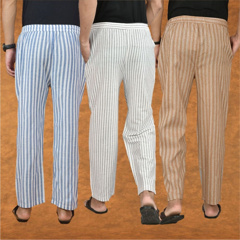 COMBO OF 3 MEN STRIPE COTTON HANDLOOM PANT WHITE BEIGE AND BLUE-15259