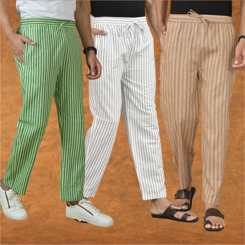 COMBO OF 3 MEN STRIPE COTTON HANDLOOM PANT WHITE BEIGE AND OLIVE GREEN-15395