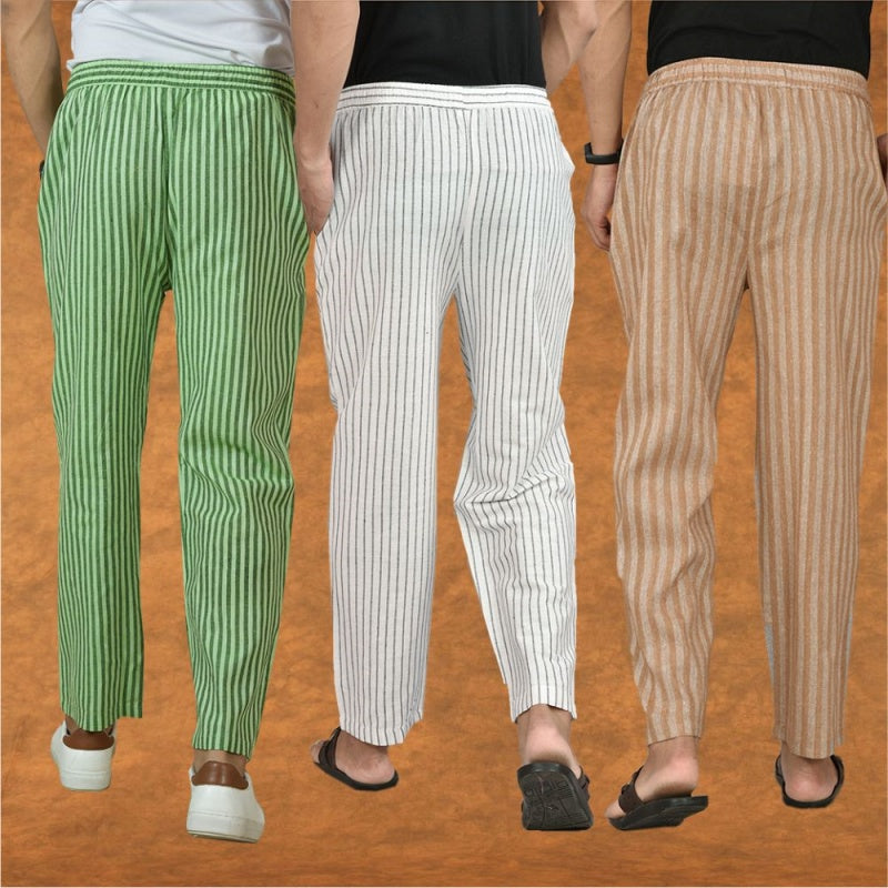COMBO OF 3 MEN STRIPE COTTON HANDLOOM PANT WHITE BEIGE AND OLIVE GREEN-15395