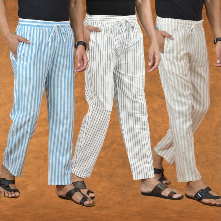 COMBO OF 3 MEN STRIPE COTTON HANDLOOM PANT WHITE BEIGE AND SKY BLUE-15153