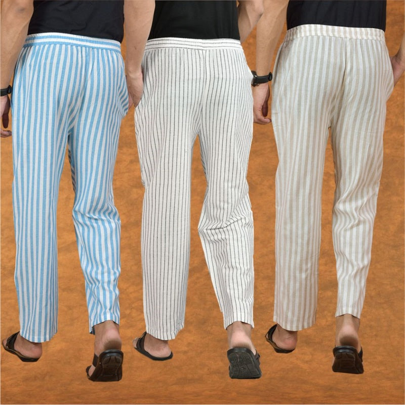 COMBO OF 3 MEN STRIPE COTTON HANDLOOM PANT WHITE BEIGE AND SKY BLUE-15153