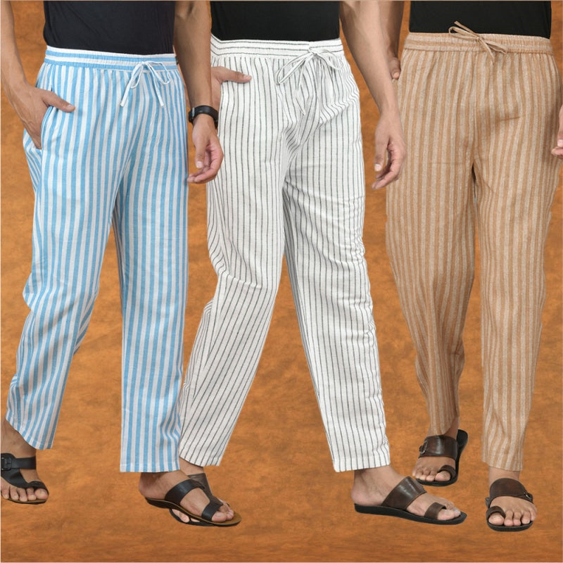 COMBO OF 3 MEN STRIPE COTTON HANDLOOM PANT WHITE BEIGE AND SKY BLUE-15192