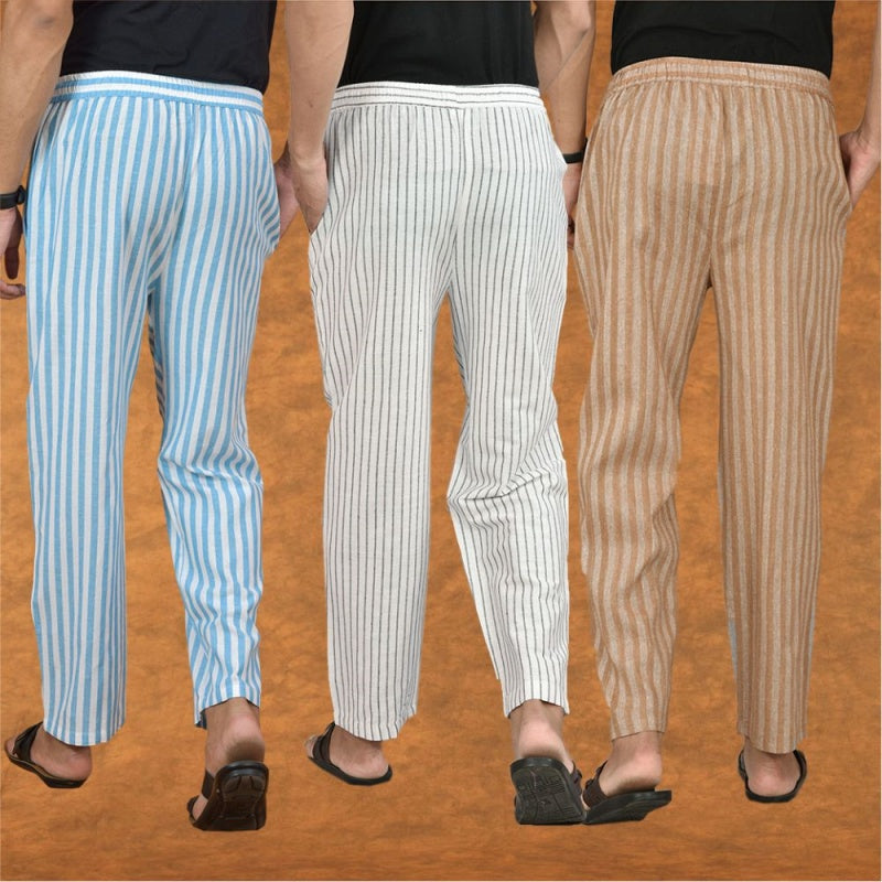 COMBO OF 3 MEN STRIPE COTTON HANDLOOM PANT WHITE BEIGE AND SKY BLUE-15192