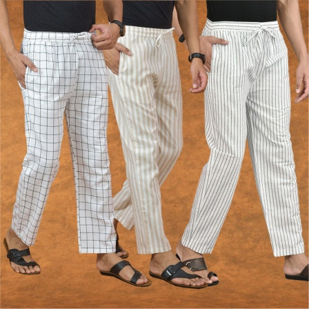 COMBO OF 3 MEN STRIPE COTTON HANDLOOM PANT WHITE BEIGE AND WHITE-15275
