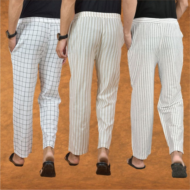 COMBO OF 3 MEN STRIPE COTTON HANDLOOM PANT WHITE BEIGE AND WHITE-15275