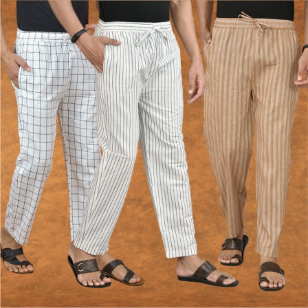 COMBO OF 3 MEN STRIPE COTTON HANDLOOM PANT WHITE BEIGE AND WHITE-15314