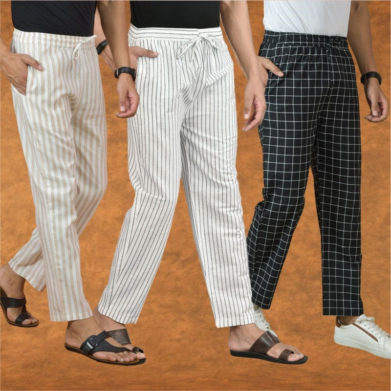 COMBO OF 3 MEN STRIPE COTTON HANDLOOM PANT WHITE BLACK AND BEIGE-15337