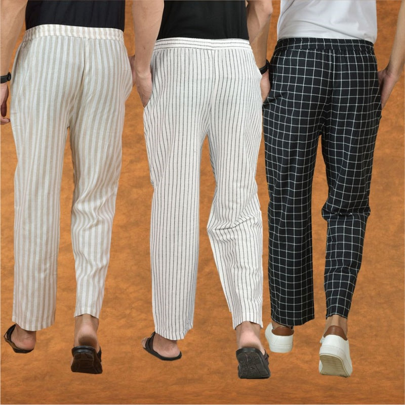 COMBO OF 3 MEN STRIPE COTTON HANDLOOM PANT WHITE BLACK AND BEIGE-15337