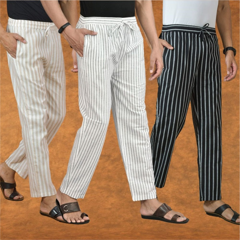 COMBO OF 3 MEN STRIPE COTTON HANDLOOM PANT WHITE BLACK AND BEIGE-15344