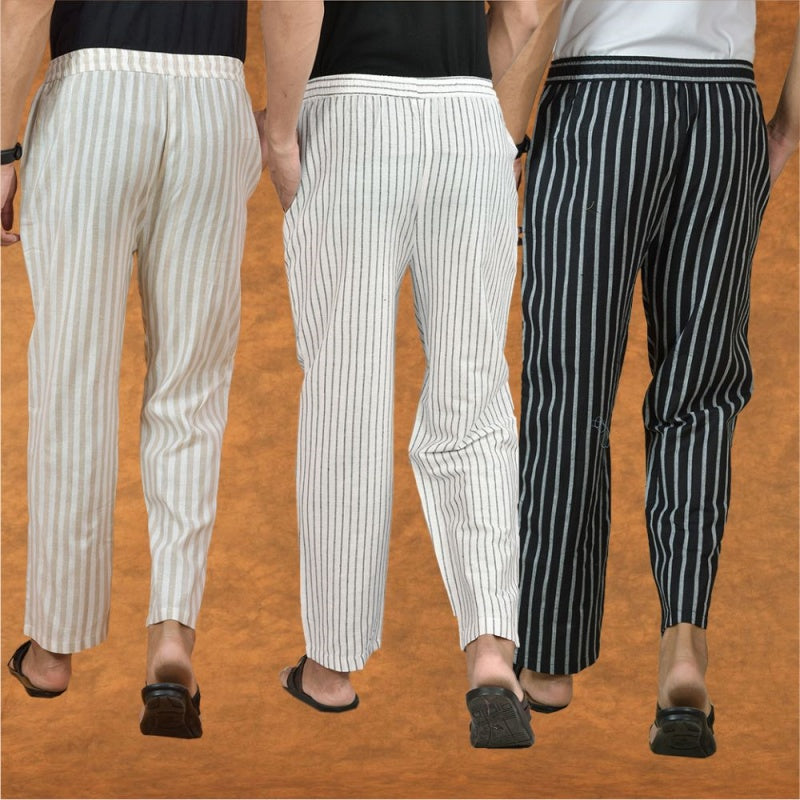 COMBO OF 3 MEN STRIPE COTTON HANDLOOM PANT WHITE BLACK AND BEIGE-15344