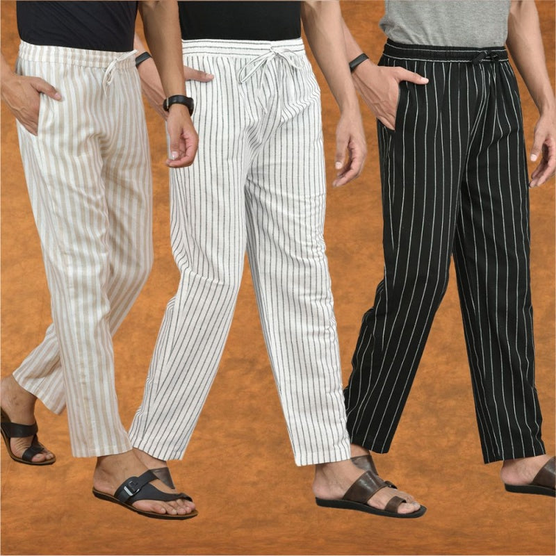 COMBO OF 3 MEN STRIPE COTTON HANDLOOM PANT WHITE BLACK AND BEIGE-15364