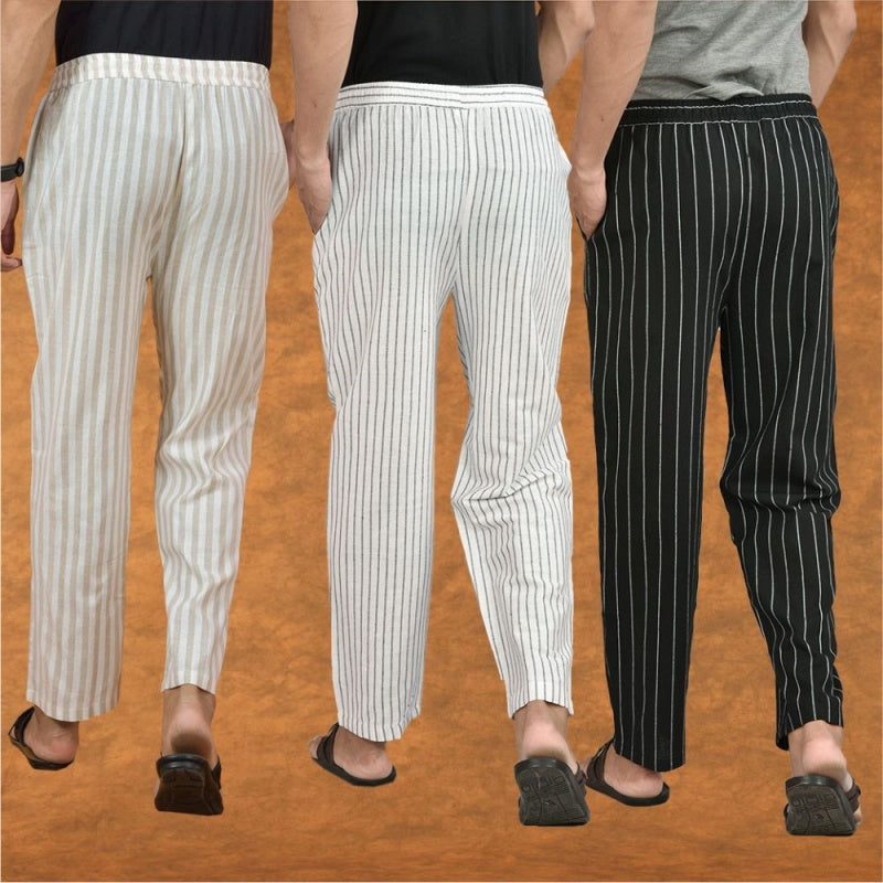COMBO OF 3 MEN STRIPE COTTON HANDLOOM PANT WHITE BLACK AND BEIGE-15364