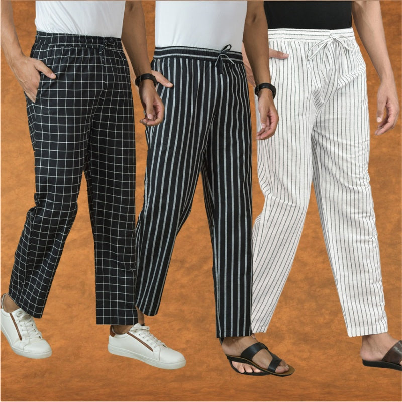 COMBO OF 3 MEN STRIPE COTTON HANDLOOM PANT WHITE BLACK AND BLACK-15408