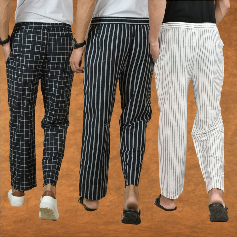 COMBO OF 3 MEN STRIPE COTTON HANDLOOM PANT WHITE BLACK AND BLACK-15408