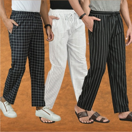 COMBO OF 3 MEN STRIPE COTTON HANDLOOM PANT WHITE BLACK AND BLACK-15428