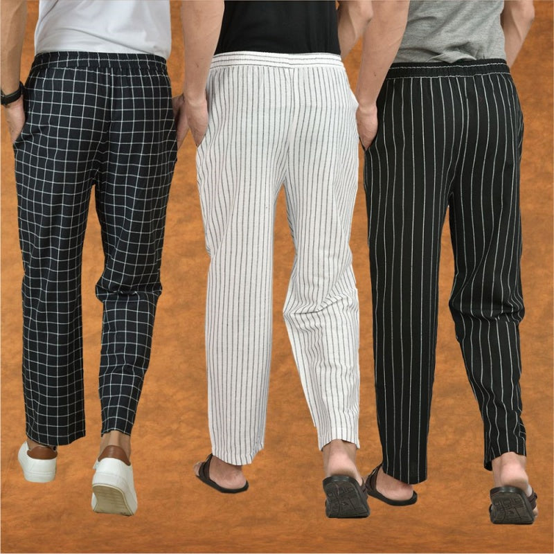 COMBO OF 3 MEN STRIPE COTTON HANDLOOM PANT WHITE BLACK AND BLACK-15428