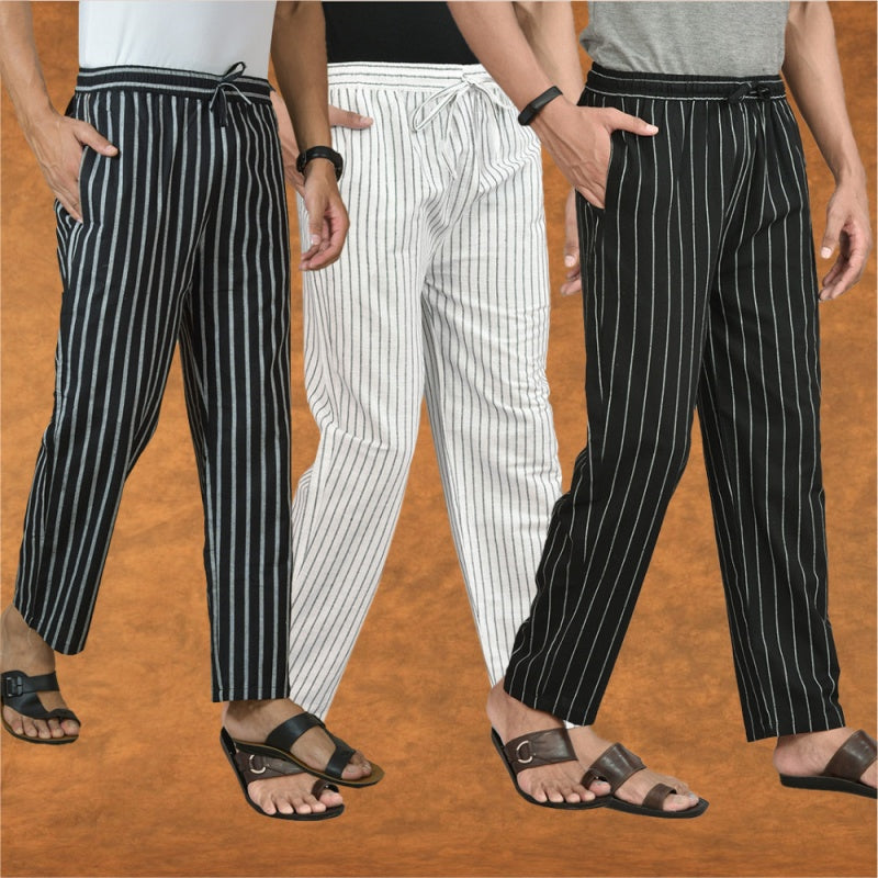 COMBO OF 3 MEN STRIPE COTTON HANDLOOM PANT WHITE BLACK AND BLACK-15449