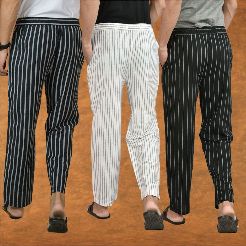 COMBO OF 3 MEN STRIPE COTTON HANDLOOM PANT WHITE BLACK AND BLACK-15449