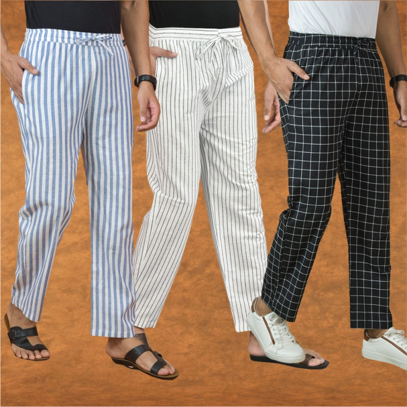 COMBO OF 3 MEN STRIPE COTTON HANDLOOM PANT WHITE BLACK AND BLUE-15237