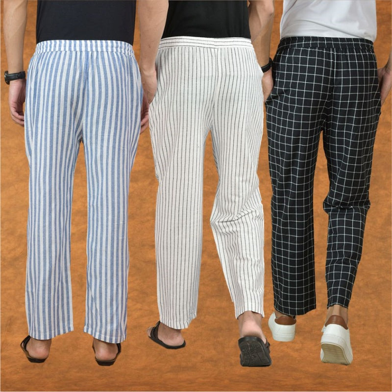 COMBO OF 3 MEN STRIPE COTTON HANDLOOM PANT WHITE BLACK AND BLUE-15237