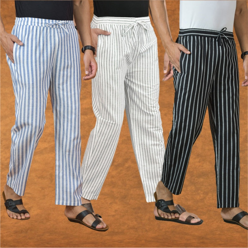 COMBO OF 3 MEN STRIPE COTTON HANDLOOM PANT WHITE BLACK AND BLUE-15244-15244