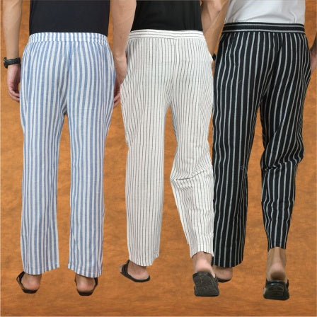 COMBO OF 3 MEN STRIPE COTTON HANDLOOM PANT WHITE BLACK AND BLUE-15244-15244