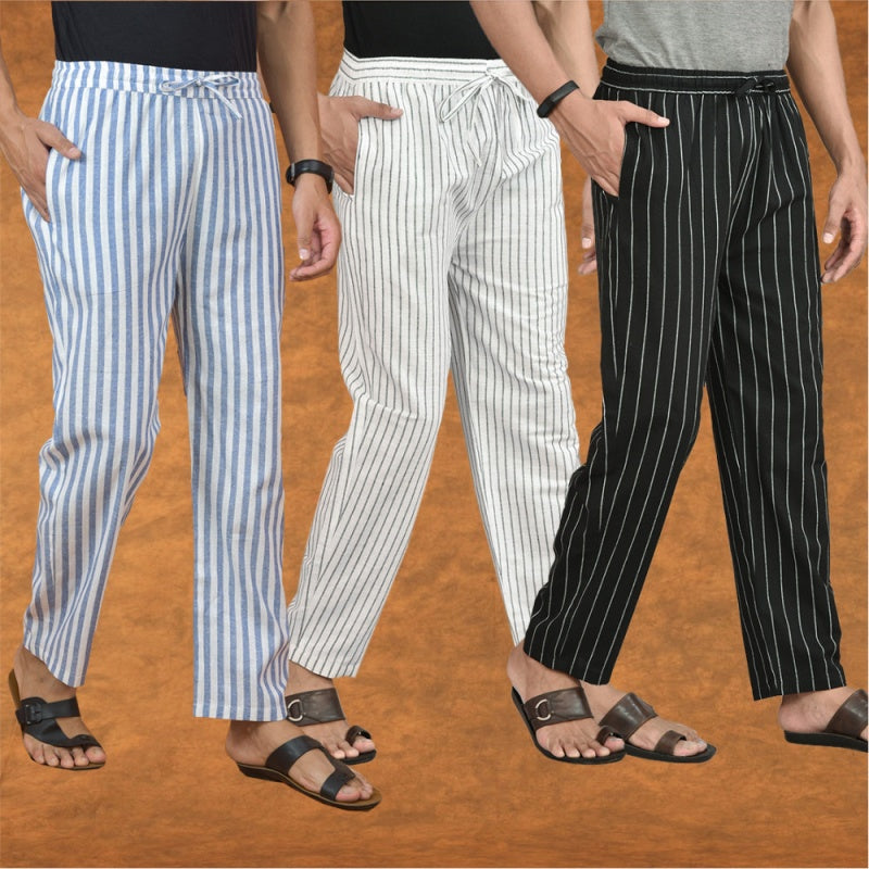 COMBO OF 3 MEN STRIPE COTTON HANDLOOM PANT WHITE BLACK AND BLUE-15264