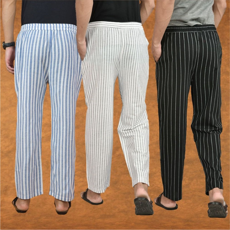 COMBO OF 3 MEN STRIPE COTTON HANDLOOM PANT WHITE BLACK AND BLUE-15264