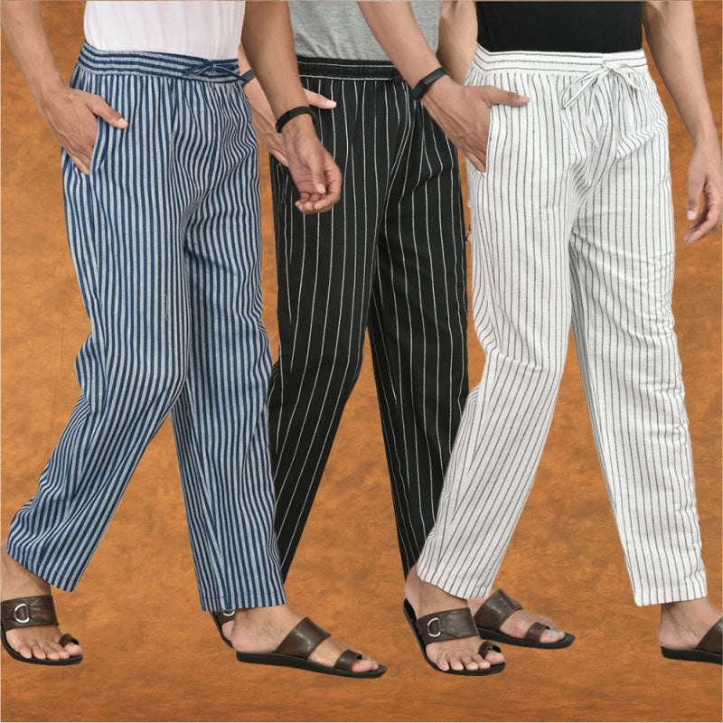 COMBO OF 3 MEN STRIPE COTTON HANDLOOM PANT WHITE BLACK AND BLUE-15483