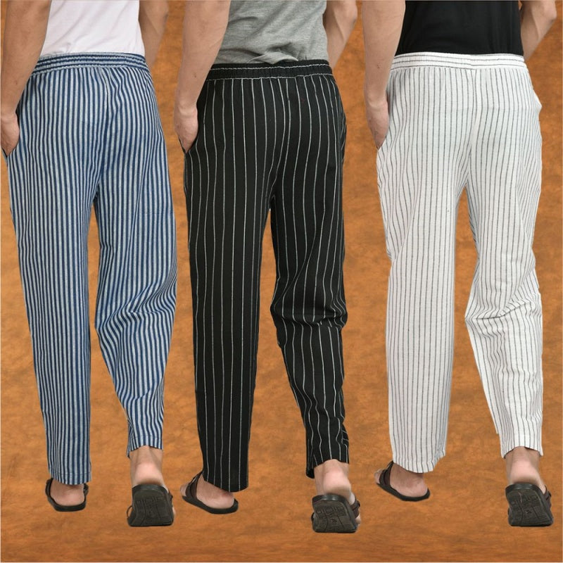 COMBO OF 3 MEN STRIPE COTTON HANDLOOM PANT WHITE BLACK AND BLUE-15483
