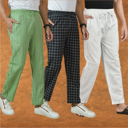 COMBO OF 3 MEN STRIPE COTTON HANDLOOM PANT WHITE BLACK AND OLIVE GREEN-15373