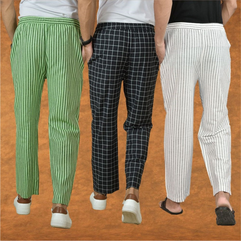 COMBO OF 3 MEN STRIPE COTTON HANDLOOM PANT WHITE BLACK AND OLIVE GREEN-15373