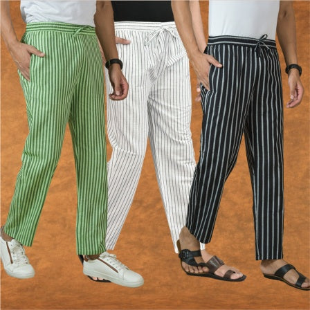 COMBO OF 3 MEN STRIPE COTTON HANDLOOM PANT WHITE BLACK AND OLIVE GREEN-15380
